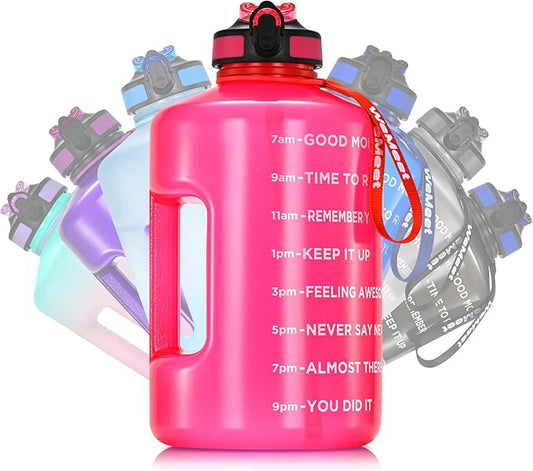 Motivational Gallon Water Bottle, BPA Free, Large Sport Water Jug with Handle & Straw, for Fitness, Outdoor, Gym, Travel, Camping, Office (Pink)