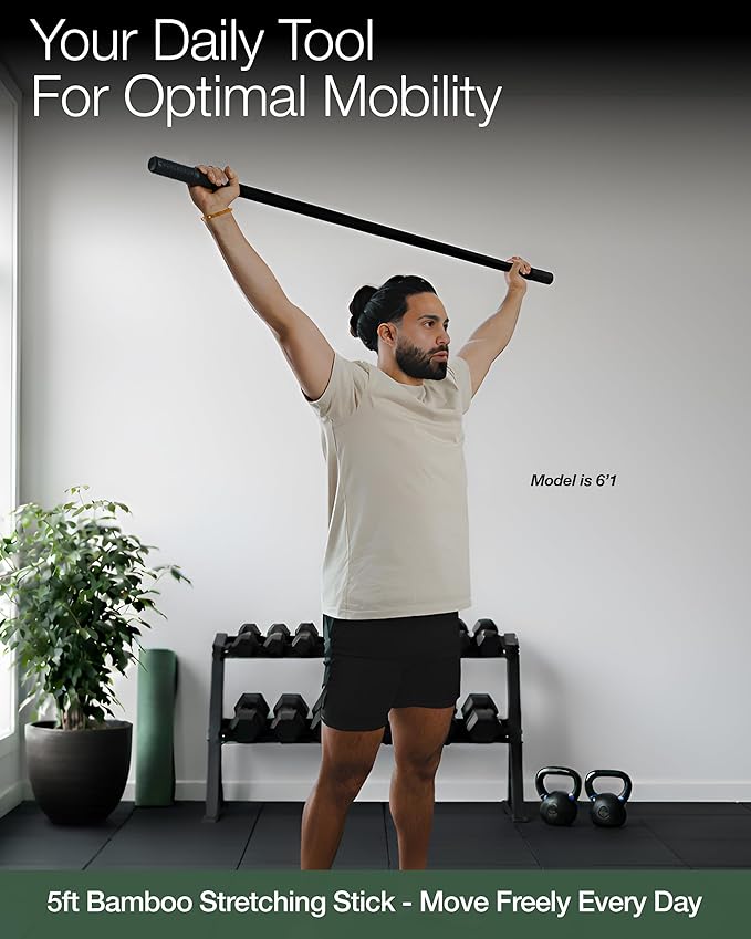 Yoga Stick - 5ft Bamboo Stretching Stick for Mobility with 20+ Video Tutorials - Posture Corrector, Stiffness Relief - Dowel Rod for Physical Therapy, Exercise Stick for Stretching with Non-Slip Grips