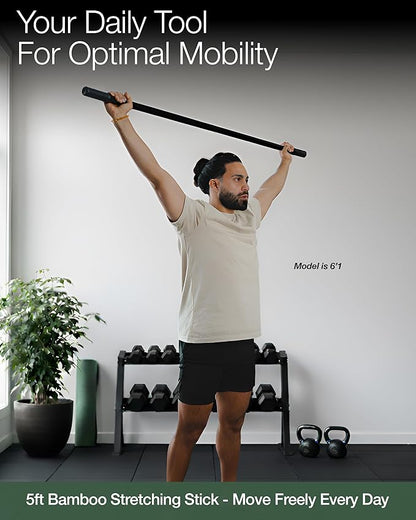 Yoga Stick - 5ft Bamboo Stretching Stick for Mobility with 20+ Video Tutorials - Posture Corrector, Stiffness Relief - Dowel Rod for Physical Therapy, Exercise Stick for Stretching with Non-Slip Grips