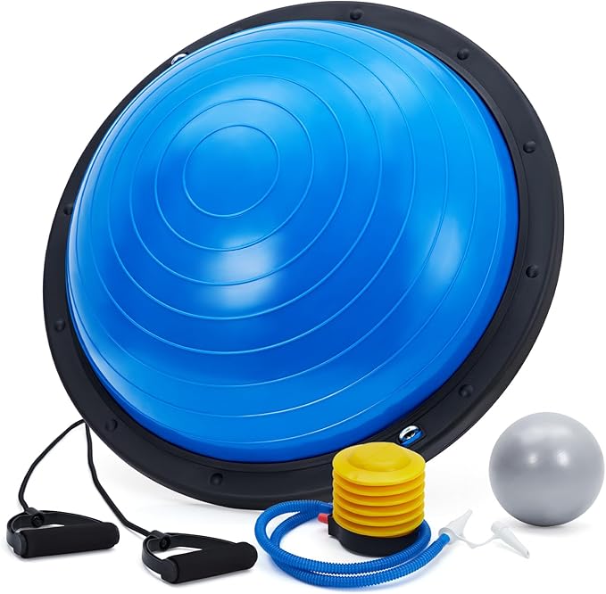 23/25in Balance Ball, 1600 lbs Half Exercise Ball with Nonslip Base, Inflatable Half Ball Balance Trainer, Stability Half Yoga Ball Strength Training Equipment with 2 Bands, Pump, Extra Ball Included,