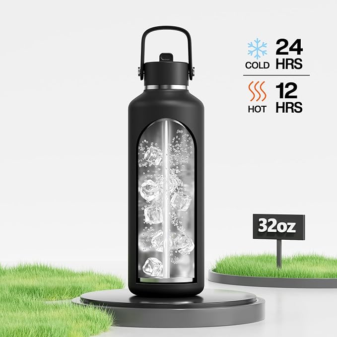 POWCAN 32oz Stainless Steel Slim Water Bottle: Sweatproof, Flex Cap, Lightweight, Standard Mouth, Top Handle, Vacuum Insulated Flask with straw for Office, Home, Commute, Workouts (Midnight Black)