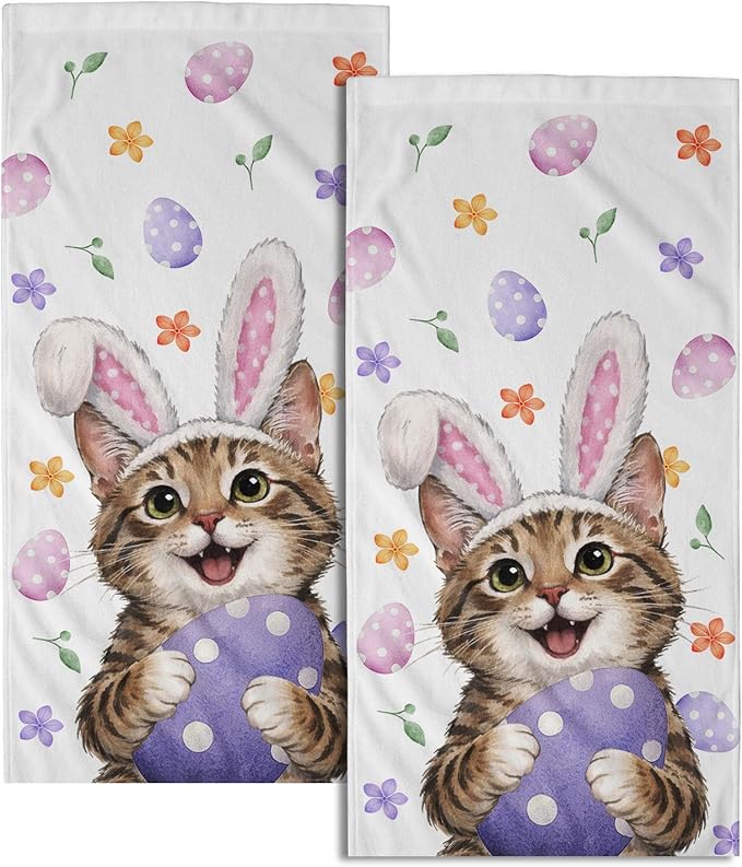 Easter Cat Hand Towels 2 Pack 14"x28" Pink Rabbit Ears Kitchen Towels Cat Bunny Eggs Dish Towels Spring Summer Holiday Finger Towels for Kitchen Bathroom Shower Hotel Gym
