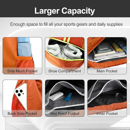 Hoedia Sports Drawstring Backpack - String Swim Gym Bag with Shoes Compartment and Wet Proof Pocket for Women&Men