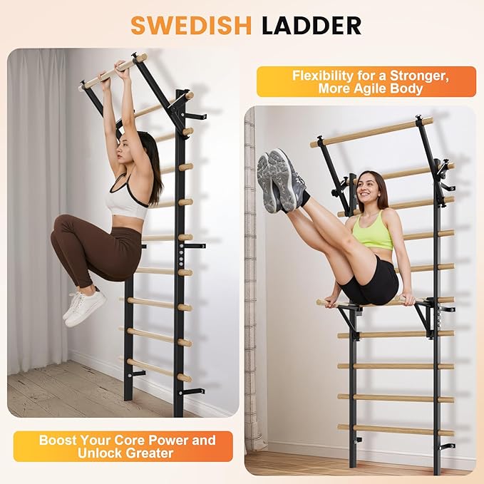 Swedish Ladder Wall Gym, Stall Bar Home Gym with Adjustable Pull-Up Bar, Dip Bar Attachments & 2pcs Resistance Band, 9 Strategic Rods for for Home, School, Hysical Therapy and Gymnastics