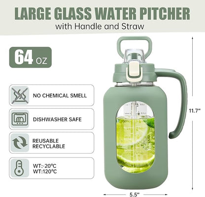 64 oz Glass Water Bottle with Handle and Straw Large 2L Water Bottle with Time Markers and Silicone Sleeve Half Gallon Water Jug BPA Free for Gym Daily Use