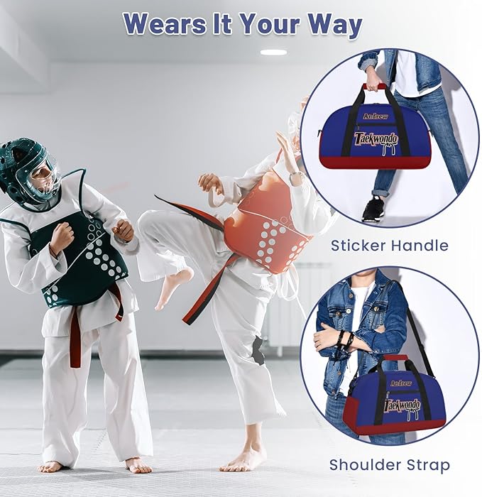 Custom Name Taekwondo Karate Duffle Bag for kids Boy Girls - Personalized Martial Arts Gear Bag, Water-Resistant Sparring Equipment Bag, Taekwondo Navy Red
