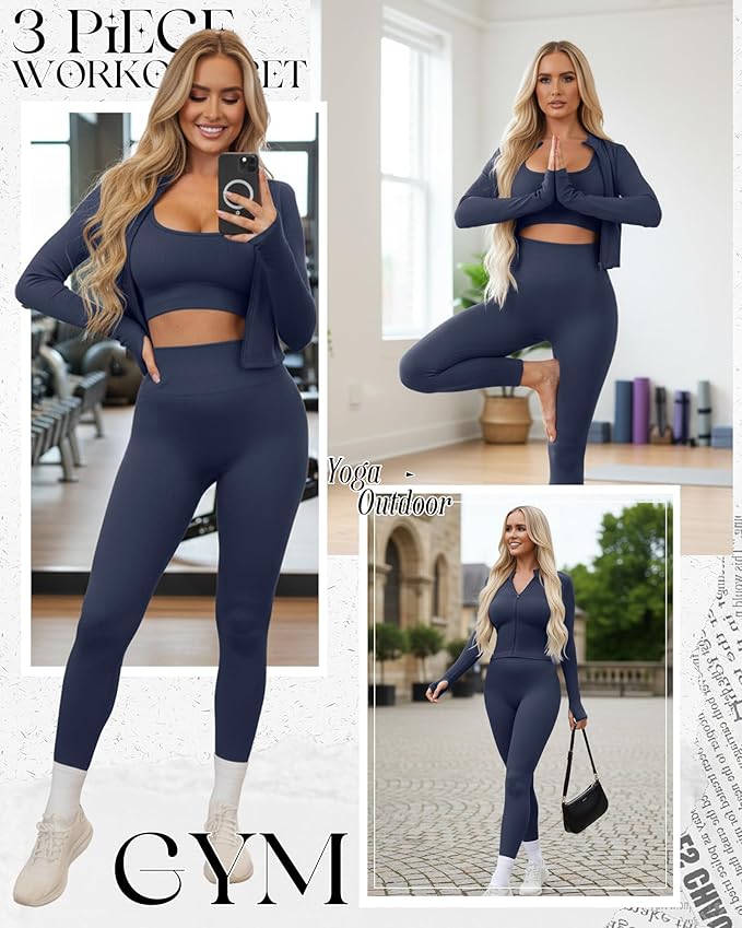 Women 3 Piece Seamless Workout Set Sports Bra High Waisted Gym Yoga Leggings Zip Up Jacket with Thumbhole Activewear