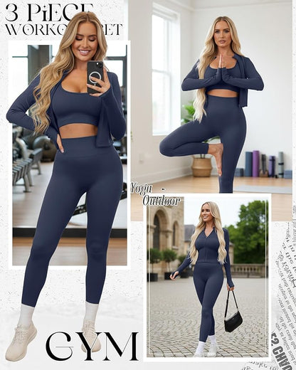 Women 3 Piece Seamless Workout Set Sports Bra High Waisted Gym Yoga Leggings Zip Up Jacket with Thumbhole Activewear