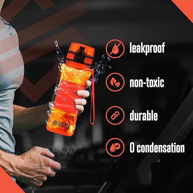 SQUATZ 24 Oz Poseidon Series Water Bottle for Protein and Fruit Shakes - Premium Quality Wide Mouth Gym Flask Fruit Infuser Strainer, Carrying Strap, Leak Resistance, No Condensation Sleeve,Orange