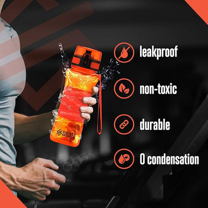 SQUATZ 24 Oz Poseidon Series Water Bottle for Protein and Fruit Shakes - Premium Quality Wide Mouth Gym Flask Fruit Infuser Strainer, Carrying Strap, Leak Resistance, No Condensation Sleeve,Orange