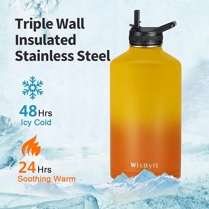 One Gallon Water Bottle Insulated, Triple Wall Vacuum Cold for 48 Hrs & Leak-proof & Non-BPA, 128oz Large Sports Stainless Steel Water Jug with Paracord Handle Straw Spout Lids & DIY Stickers