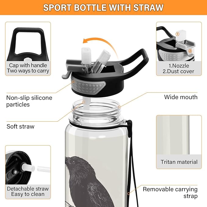 Fustylead Retro Skull and Black Crow 32 oz Water Bottle with Straw, Leakproof Clear Sport Bottles for Women Men Outdoor Sport Drinking