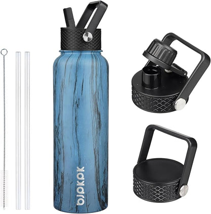 BJPKPK Insulated Water Bottles with Straw Lid, 40oz Stainless Steel Water Bottles with 3 Lids, BPA Free Leakproof Thermo, Tumblers, Cups for Sports- Wood Prussian Blue
