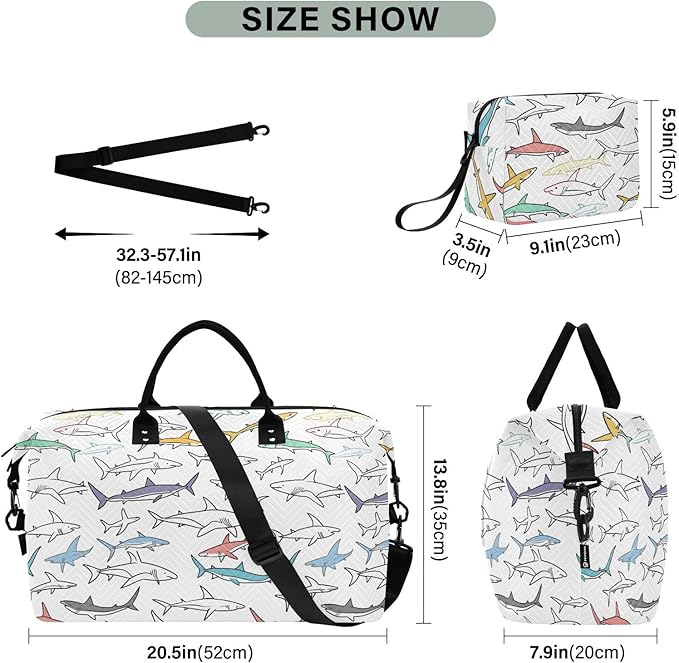 Weekender Bags Travel Duffel Gym Bag Carry on Overnight Tote Bag with Toiletry Bag for Airplane Travel Trip Gym Yoga (Drawing Sharks 2)