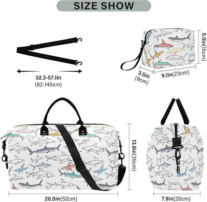 Weekender Bags Travel Duffel Gym Bag Carry on Overnight Tote Bag with Toiletry Bag for Airplane Travel Trip Gym Yoga (Drawing Sharks 2)