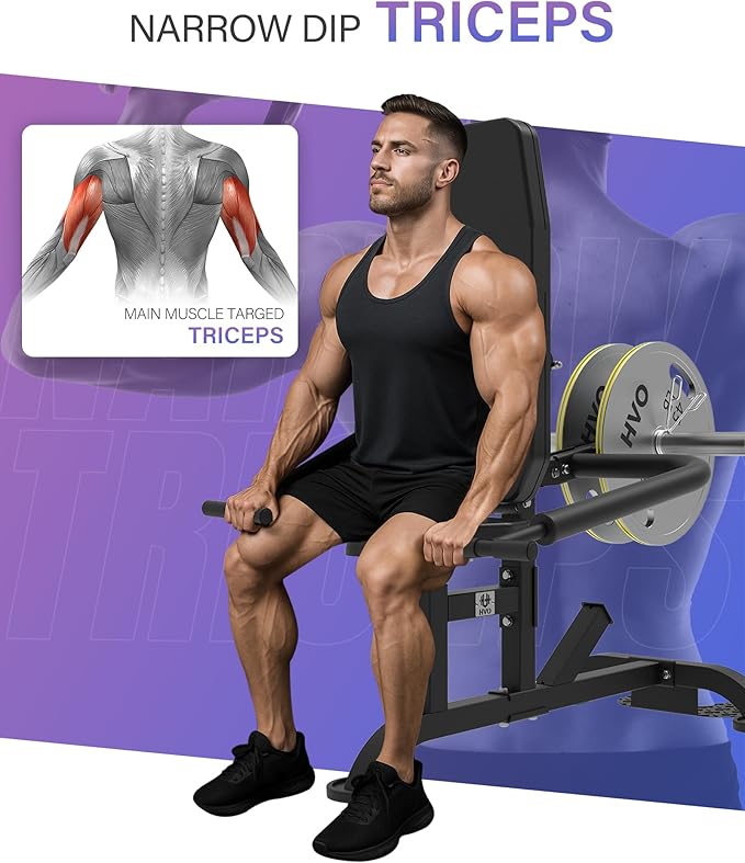 HVO Seated Dip Machine Tricep: Dip Machine Exercise for Biceps Plate Loaded Home Gym Strength Training Equipment