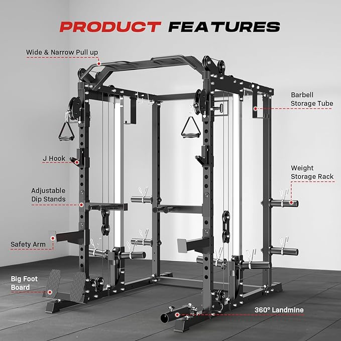 Power Cage Home Gym, Dual Pulley Cable Crossover System, All-in-One Squat Power Rack with Strength Training Attachments for Full-Body Workouts
