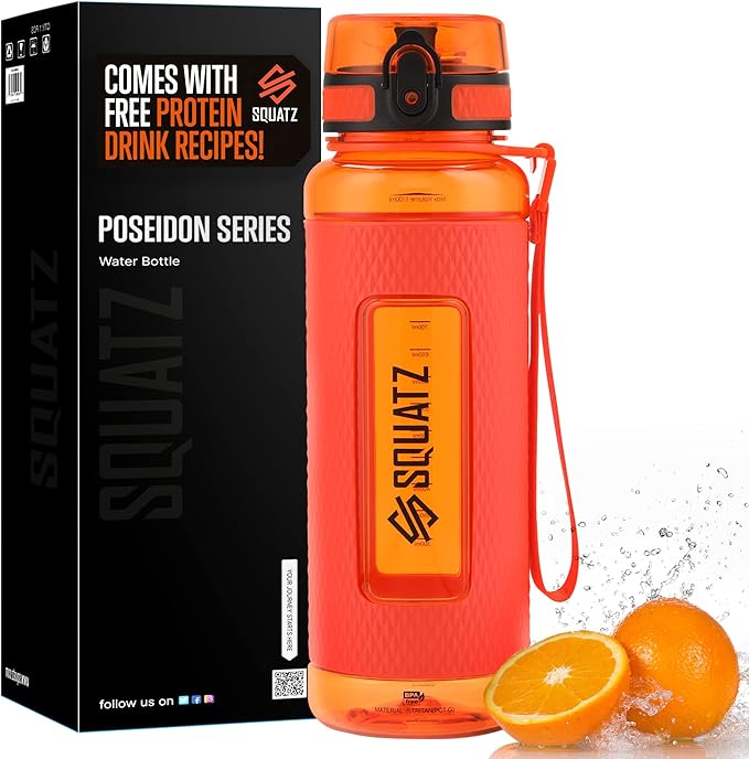 SQUATZ 40 Oz Poseidon Series Water Bottle for Protein and Fruit Shakes - Premium Quality Wide Mouth Gym Flask Fruit Infuser Strainer, Carrying Strap, Leak Resistance, No Condensation Sleeve, Orange