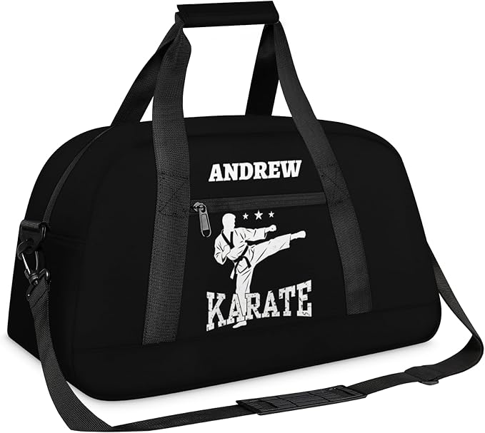 Custom Name Taekwondo Karate Duffle Bag for kids Boy Girls - Personalized Martial Arts Gear Bag, Water-Resistant Sparring Equipment Bag, Karate Black