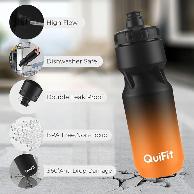 QuiFit Bike Water Bottle 4-Pack with Mud Cover, Leak Proof Running Water Bottle 24 oz, BPA Free, Mountain Bike Accessories, with Dirt Cover, Fit for Most Bicycle Cup Holders (4 pack, 24 oz)