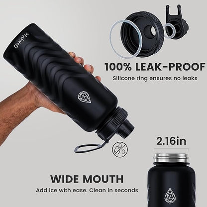 24oz Stainless Steel Insulated Water Bottle, 48H Cold & 24H Hot, Leak-Proof Wide Mouth Lids (Straw & Spout), BPA-Free Bottles, Mens Water Bottle for Gym, Hiking, Travel - Black