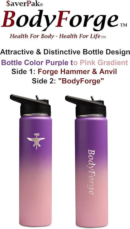 BodyForge Sports Water Bottle - 22oz, 3 Lids & Straw Lid, Leak Proof Stainless Steel Gym & Sport Bottles for Men, Women & Kids - Double Walled, Insulated Thermos, Metal Canteen