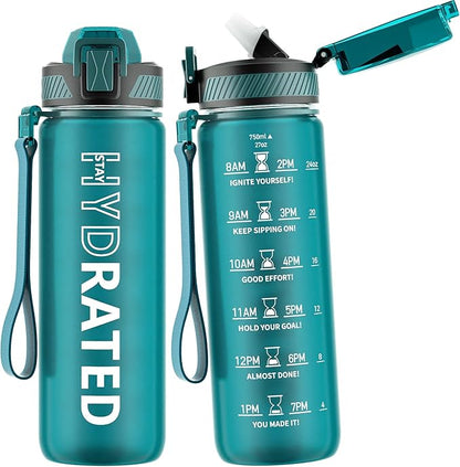 Water Bottle with Straw, 27oz Motivational Water Bottles with Time Marker to Drink, Tritan BPA Free, 750ml Sports Water Bottle with Carry Strap LeakProof for School Fitness Outdoor (1Pack)