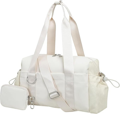 Everyday Mini Gym Bag for Women 2.0, Small Tote with Zipper Compartment Waterproof Travel Duffle Cute Handbag Workout Carry On with Removeable Shoulder Strap & Coin Wallet Easy to Clean - Beige