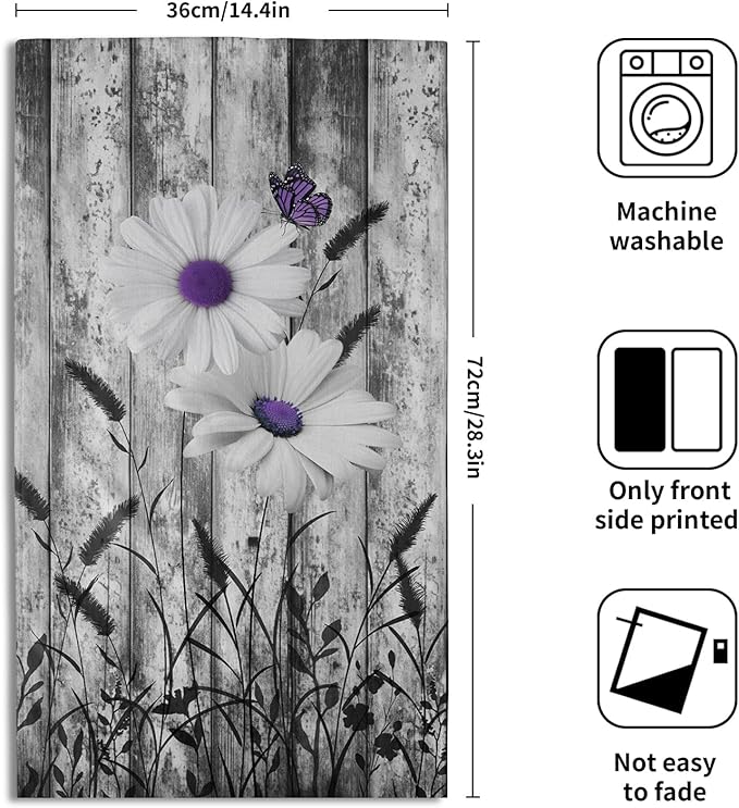 Black White Hand Towels Rustic Purple Daisy Butterfly Farmhouse Absorbent Kitchen Towels Set of 2 Spring Vintage Floral Soft Quick Dry Microfiber Dish Towels For Kitchen Bathroom Gym Face Towel
