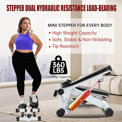 Steppers for Exercise at Home, Mini Stepper with Resistance Bands, Hydraulic Fitness Stepper with LCD Monitor, 360LBS Weight Capacity Portable Stair Stepper for Small Spaces