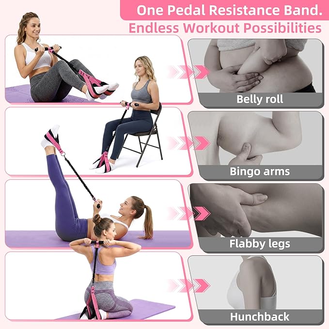 Pedal Resistance Band with Handles and Door Anchor, Detachable Foot Pedal Resistance Band with Stainless Steel Buckles, Multifunction Tension Rope Tummy Trimmer for Full Body Workout Home Gym Women