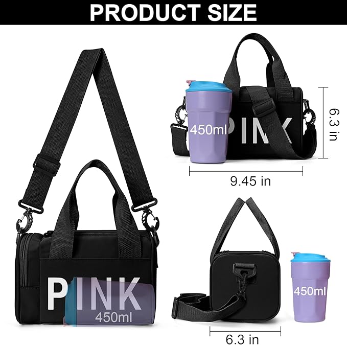 Mini Crossbody Gym Bag for Women & Men, Cute Duffle Aesthetic Sports Handbag, Waterproof Gym Tote Portable Fitness Shoulder Bag for Sports Travel (Black)