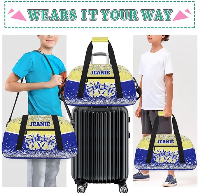 Personalized Cheer Gym Bags for Girls Kids Cheerleaders with Custom Name Sport Dance Perform Training Duffel Bags for Overnight Weekender Travel Yellow Blue