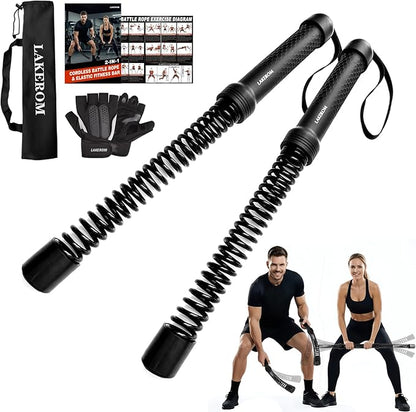 Ropeless Battle Ropes (2-in-1) Elatic Fitness Bar,Cordless Battle Ropes Sticks with Exercise Guide,Portable Home Gym Equipment for HIIT,Strength Low-Impact Workouts for Men & Women Black