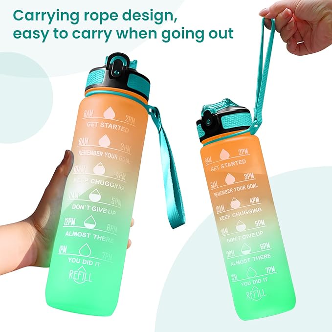 32 oz Motivational Water Bottle with Time Marker,Water Bottles with Times to Drink and Straw with Carrying Strap,Perfect For Fitness Gym Outdoor,BPA Free (Orange & L-Green Gradient)