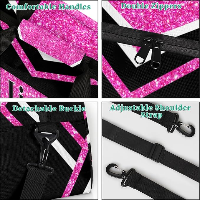 Custom Sports Cheerleading Bags for Girls, Overnight Duffel Bags Workout Training Personalized Sport Gym Bag Travel Practice Gymnastics Duffel Bag,Water Pink Shiny Glitters Black
