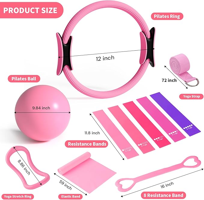 Pilates Equipment Set for Home Workouts, 4-in-1 Pilates Ring, Resistance Bands, Mini Exercise Ball & Fitness Strap, Full-Body Toning Kit for Beginners to Advanced, Core Strength & Flexibility Training