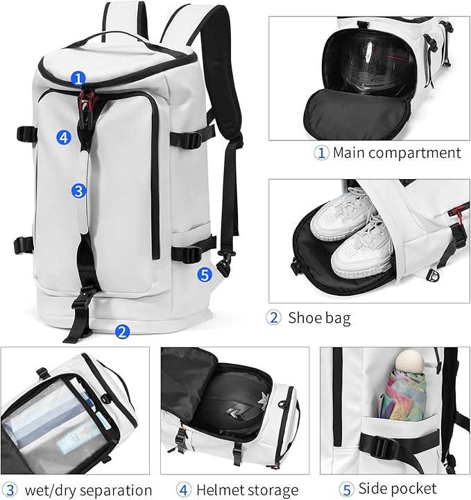 Duffel Bag with Shoe Compartment Travel Backpack Men and Women Waterproof for Gym Motorcycle Helmet (White)