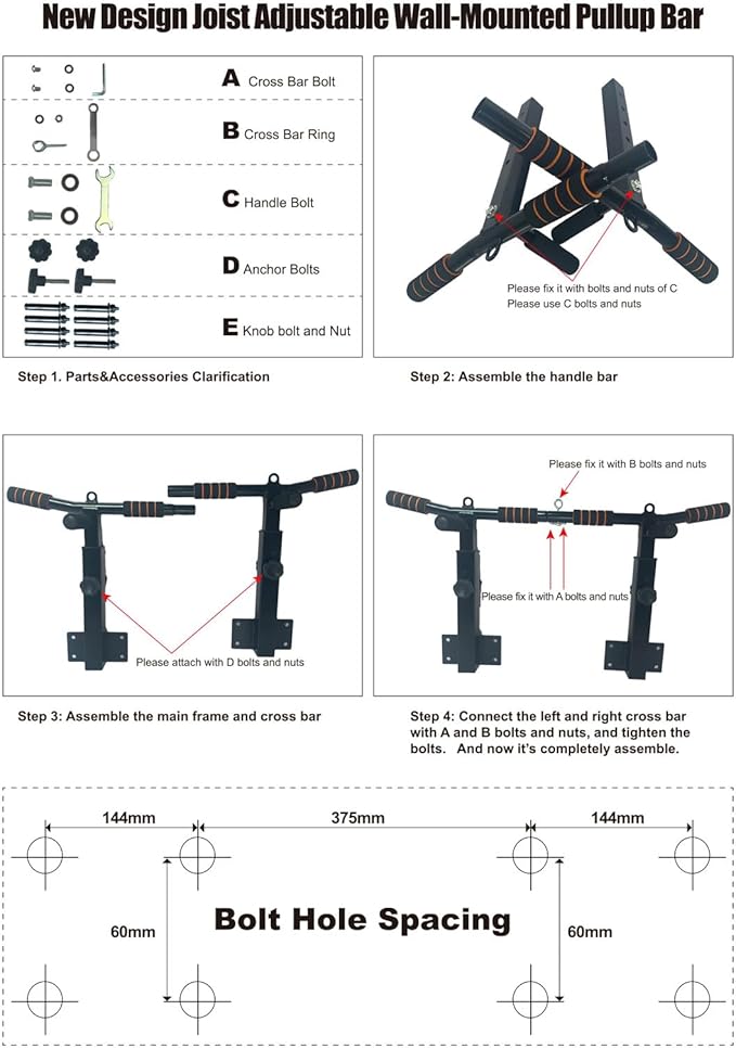 Pull Up Bar Wall Mounted: Adjustable Wall Joist Mount Pull Up Bar & Chin Up Bar for Home Gym Workout Strength Training Equipment