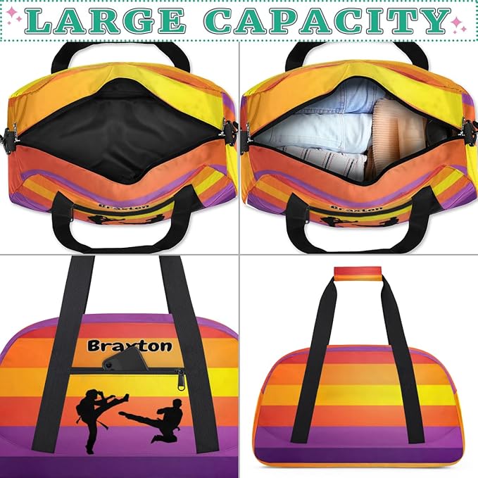 Personalized Sports Duffel Bag with Name Boys, Overnight Workout Training Bags Cheerleaders Bag Personalized Gym Bag Weekender Bags, Martial Arts Silhouette Colorful Stripes