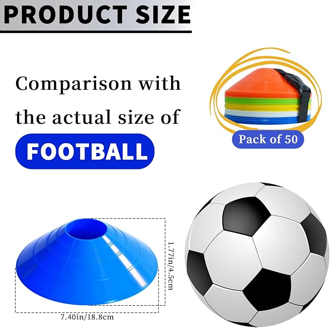 Pro Disc Cones (Set of 50) – Soccer Cones for Training with Drawstring Bag & Strap – Agility Cones for Basketball, Football, and Sports Drills