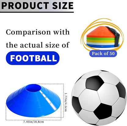 Pro Disc Cones (Set of 50) – Soccer Cones for Training with Drawstring Bag & Strap – Agility Cones for Basketball, Football, and Sports Drills