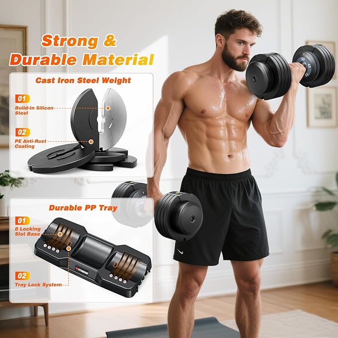 XDDIAS Adjustable Dumbbell Set of 2, 25/55/80/90LB Dumbbell Set- 1-Hand Fast Adjustment with Anti-Slip Handle, Compact Free Weights Dumbbells Set for Men/Women Home Gym Strength Training Equipment