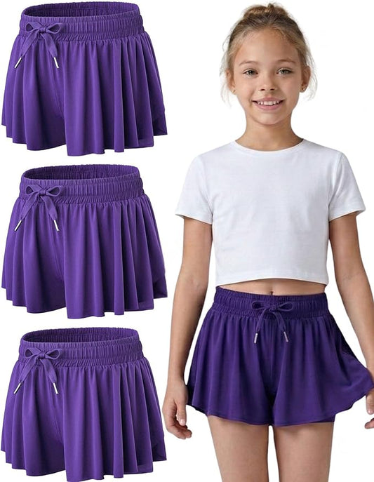 3 Pack Girls Flowy Shorts with Spandex Liner 2-in-1 Youth Butterfly Skirts for Fitness, Running, Sports