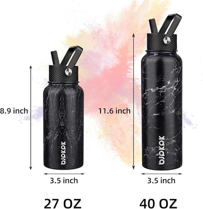 BJPKPK Insulated Water Bottles with Straw Lid, 40oz Stainless Steel Water Bottles with 3 Lids, BPA Free Leakproof Thermo, Tumblers, Cups for Sports, Gym- Midnight