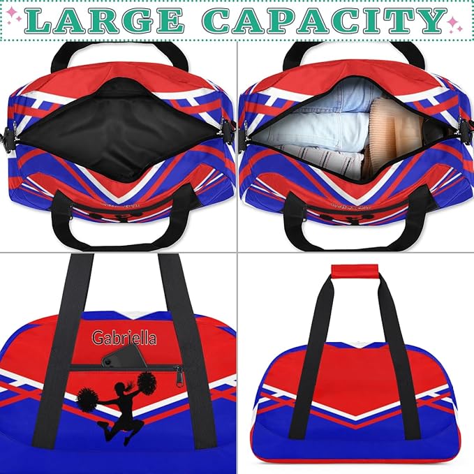 Custom Cheer Cheerleader Bag, Customized Travel Dancing Gym Barrel Bag with Name Camping Carry On Overnight Duffel Bag, Red Royal Blue Black Cheerleader Silhouette
