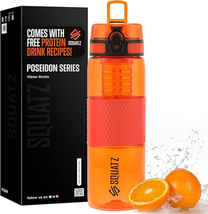 SQUATZ 24 Oz Poseidon Series Sports Water Bottle - Premium Quality Wide Mouth Gym Juice Protein Flask with Fruit Infuser Strainer, Carrying Strap, Leak Resistance, and Zero Condensation,Orange