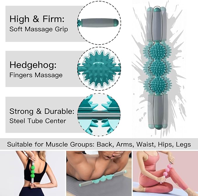 Fascia Muscle Roller, Cellulite Massager Fascia Roller for Cellulite and Sore Muscles, Leg, Back, Pressure Trigger Point Body Roller Deep Tissue Massage Stick Tools, 3 Massage Balls, Dark Green