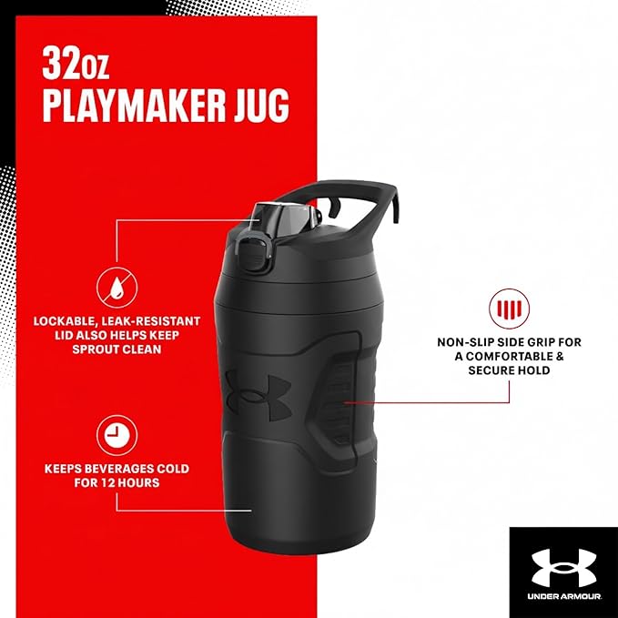 Under Armour 32 oz Insulated Water Bottles - Sports Water Jug with Fence Hook, Leak Resistant for Baseball, Football & More, 32 oz Insulated, Jet Grey/Black