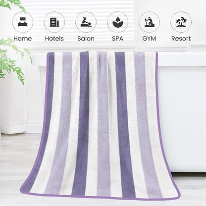 JML Microfiber Bath Towels, Bath Towel 2 Pack 30" x 60", Oversized, Soft, Super Absorbent and Fast Drying, Multipurpose Bathroom Towel Set for Sport, Fitness, Yoga, Coral Fleece Stripe Purple